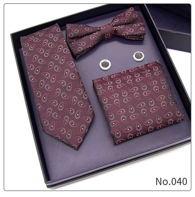 New mens necktie sets tie and pocket square bow tie set 4pcs bowtie set stripe mens black neck ties and handkerchief man gift