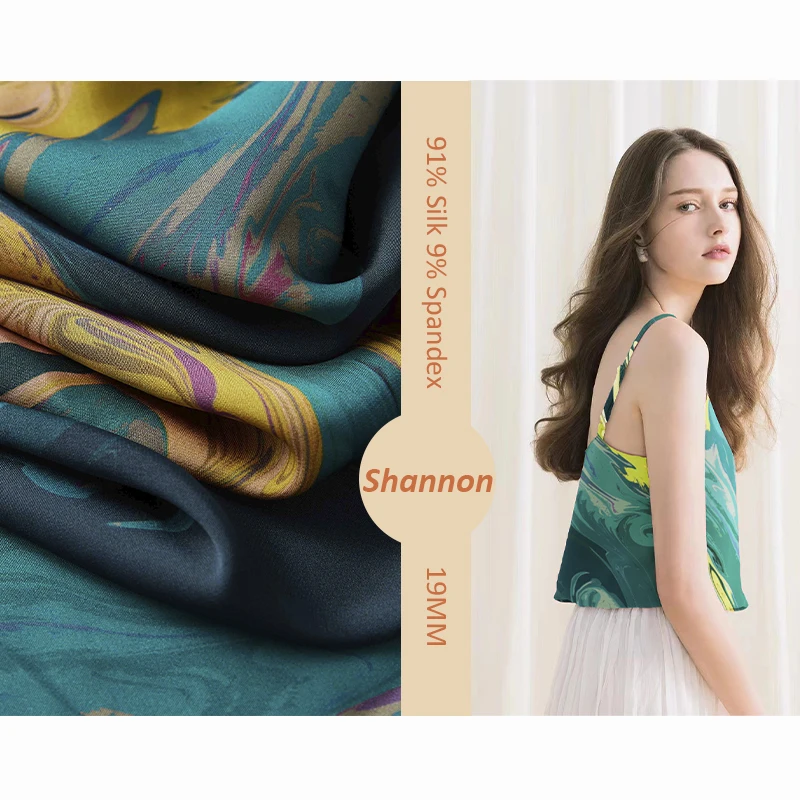 Silk Supplier custom print 91% Silk 9% spandex green 100% silk fabric for dresses