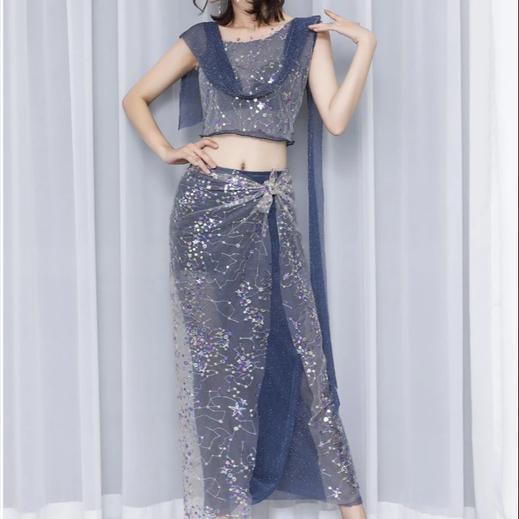 
Dance wear Net yarn belly dance skirt high waist wholesale performance wear latin suit led dance clothing performance wear 