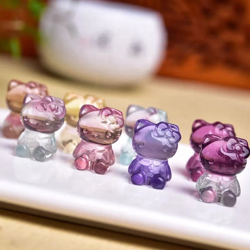 Hand Carved 1.5 to 2cm Natural Rainbow Fluorite Crystal Hello Kitty Cats Mini Figures Hello Kitty Carving For Pendant