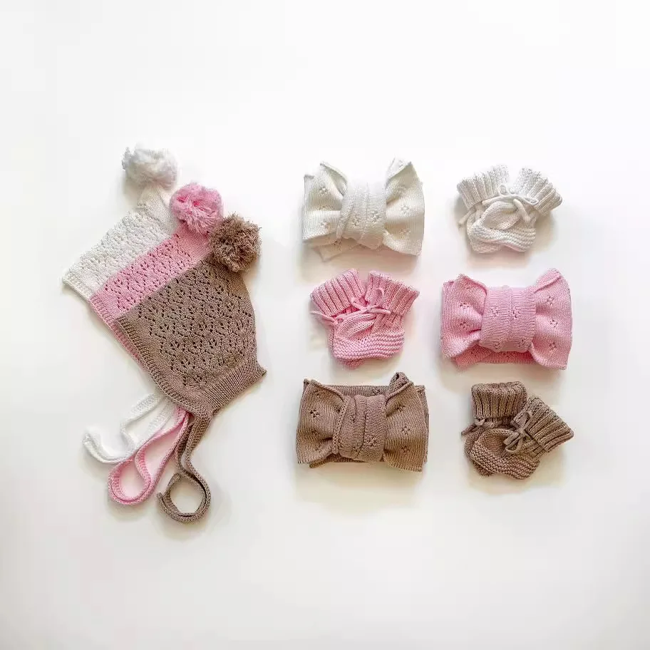Knit Crochet Baby Booties Newborn Socks Handmade Shoes Sock With Soft Knit Cotton Baby Hat Headband Set