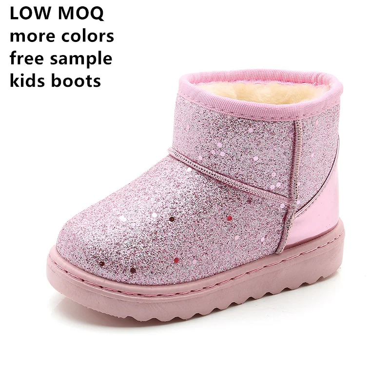 Бесплатный образец, новинка, зимняя обувь для мальчиков и девочек, теплые блестящие плюшевые удобные водонепроницаемые уличные зимние ботинки с блестками для детей