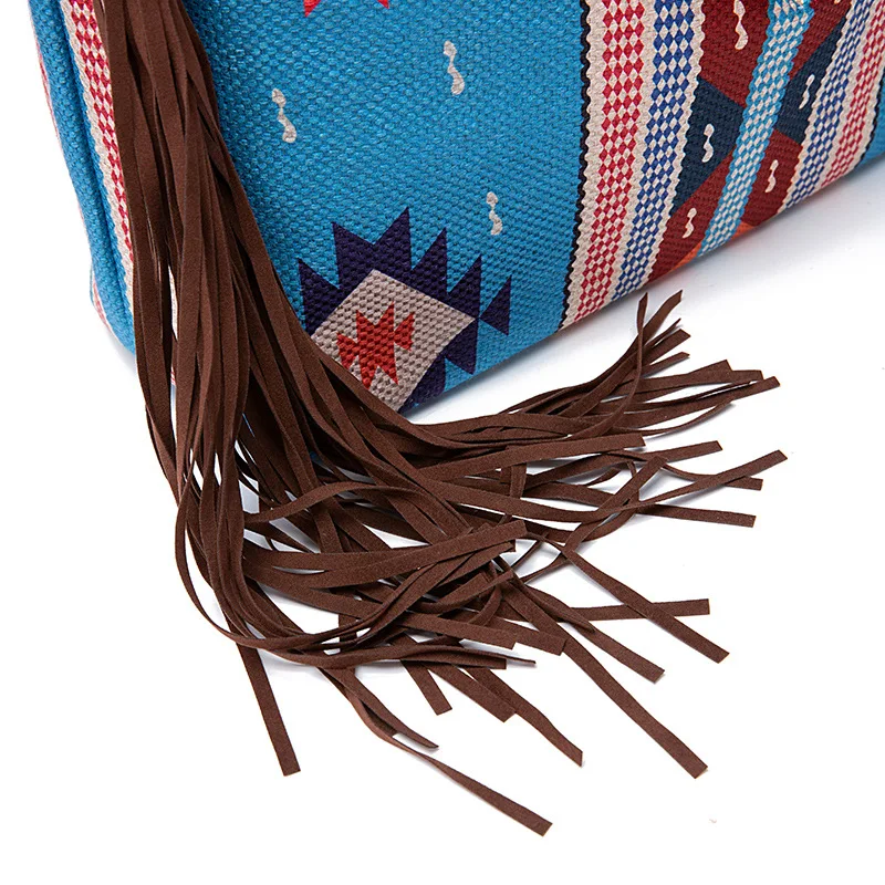 Vintage Handmade Faux Suede Leather Fringe Tassel Hobo Large Women Cross Body Cotton Linen Shoulder Messenger Bag