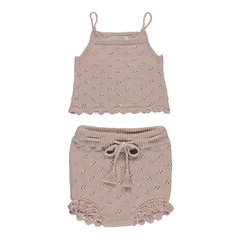 New baby hollow sling girl summer thin knit sling shorts set pure cotton