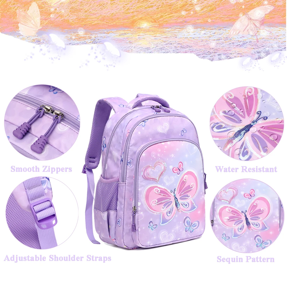 Casual 3-in-1 Purple Bead Butterfly Kids Polyester School Backpack Set Durable Waterproof Book Bag Cute Logo Teenage Boys Girls