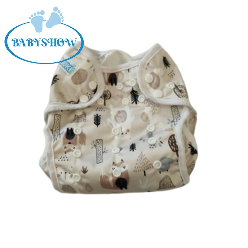 Double Row Button All Round Edge Wrapped Cloth Diaper With Two Absorbent Pads Digital Printed TPU Plain Toddler Diapering