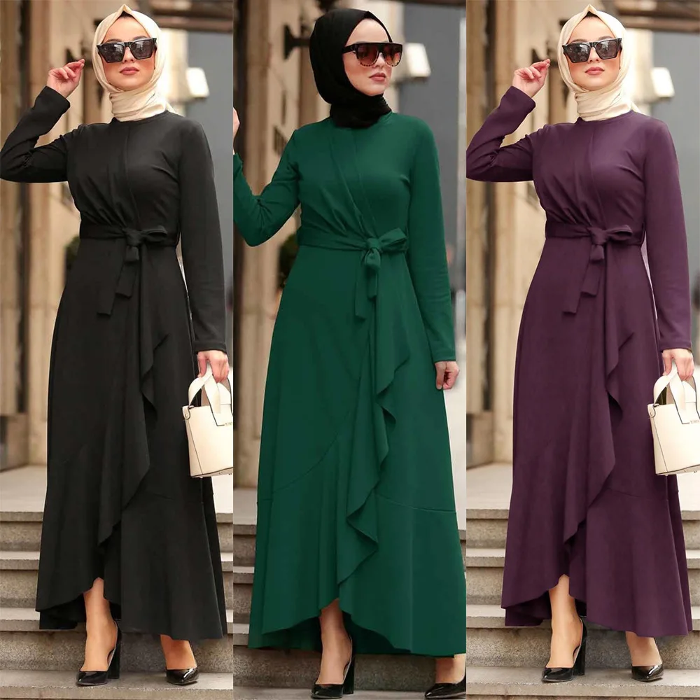 2023 Islamic clothing factory Middle East turkish hijab Dubai fashion solid color lace up irregular women dress wholesale