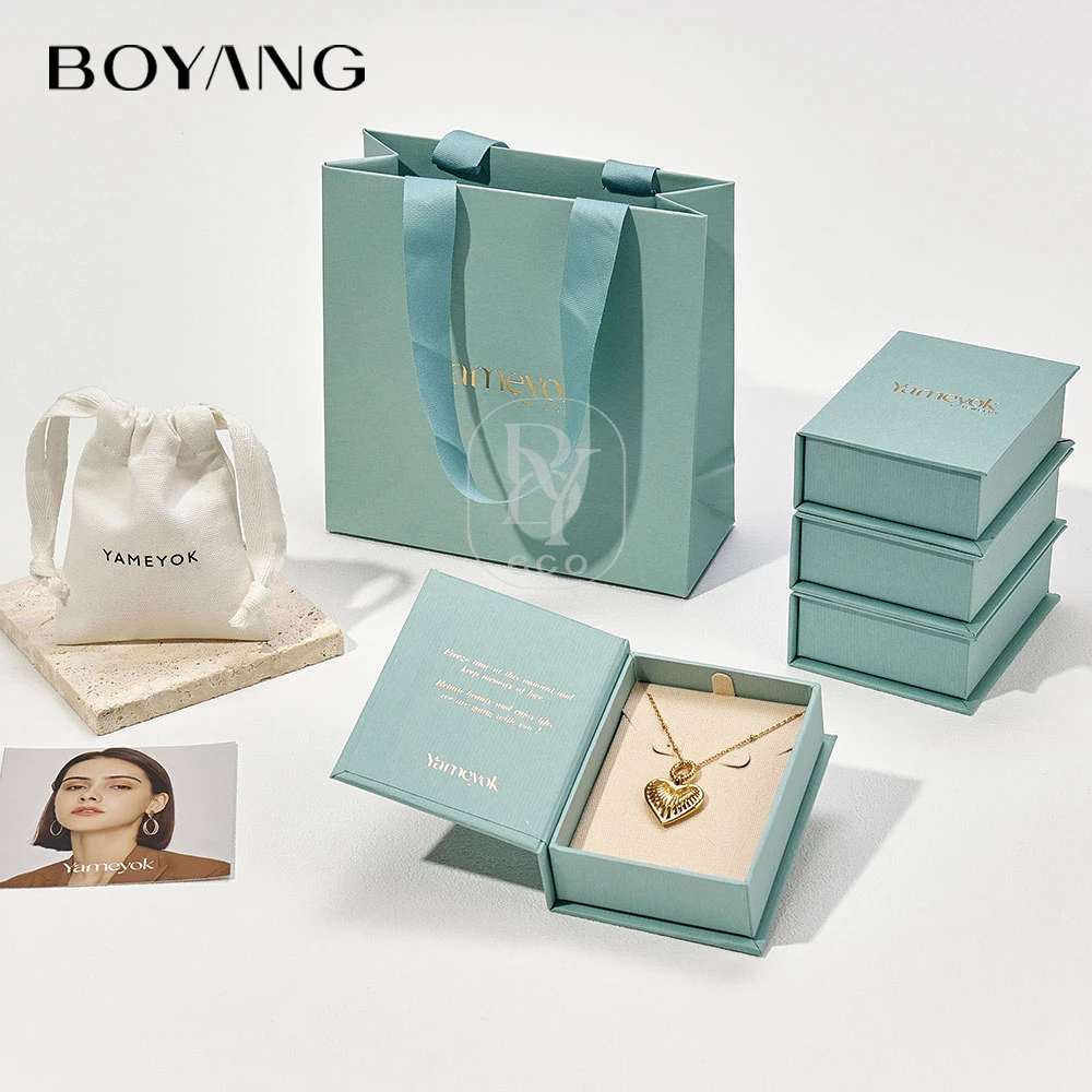 Custom Logo Printed Recyclable Book Style Paper Ring Earring Necklace Packaging Jewelry Boxes with Pouch