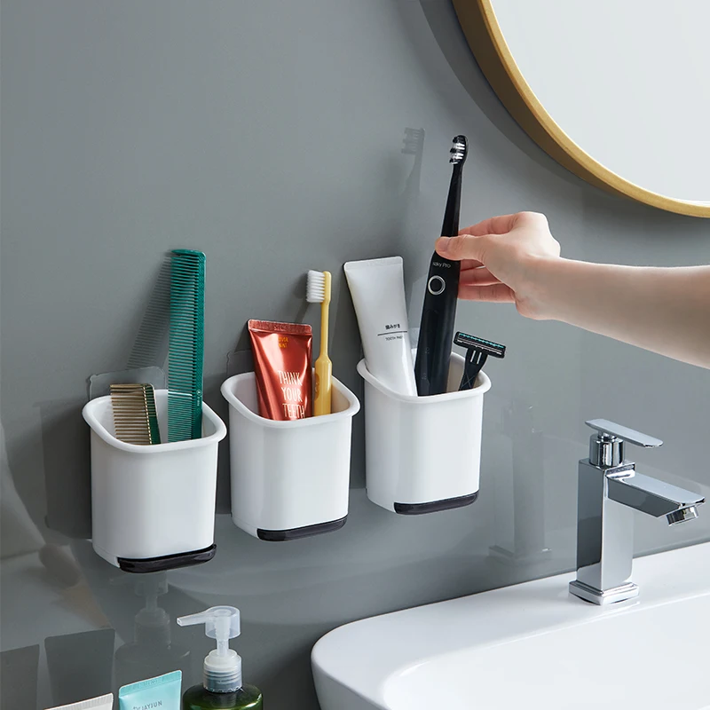 Wall mounted suction cup toothbrush holder hanging bathroom storage shelf toothpaste and brush holder