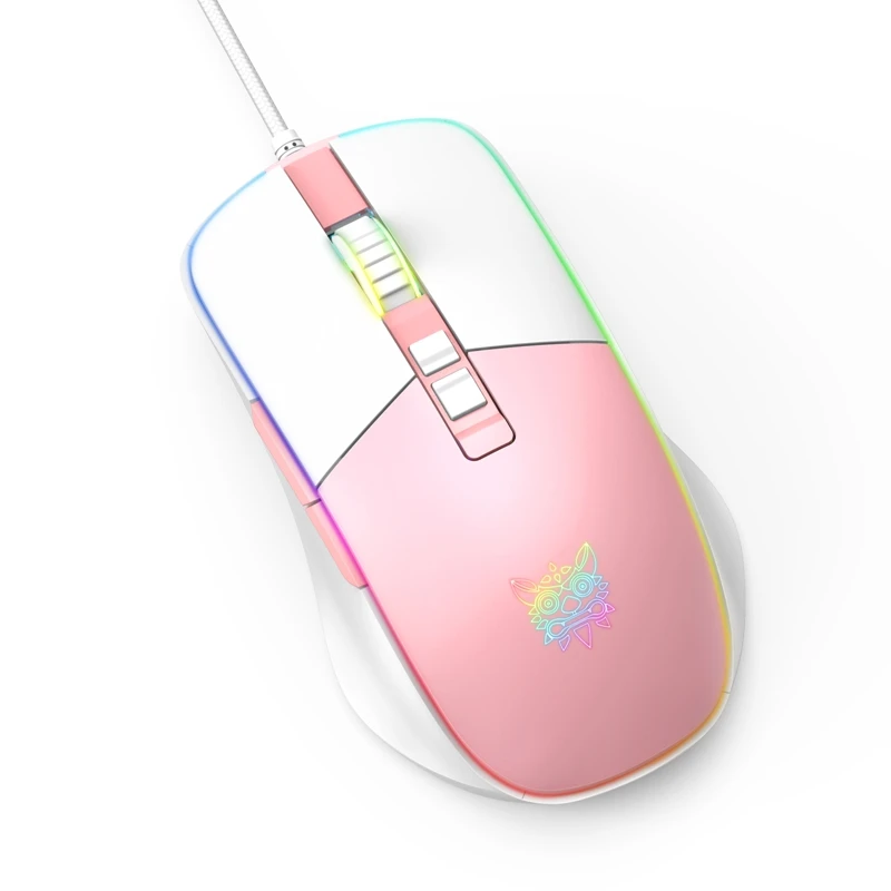 Проводная компьютерная мышь ONIKUMA CW916 игровая офисная белого и розового цвета 7 клавиш 6 скоростей разрешения RGB подсветка для