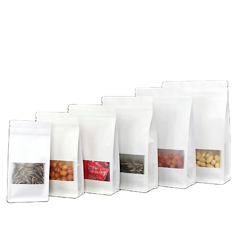 Popular square window no printing logo plastic flat bottom stand up white kraft paper zipper bag without valve