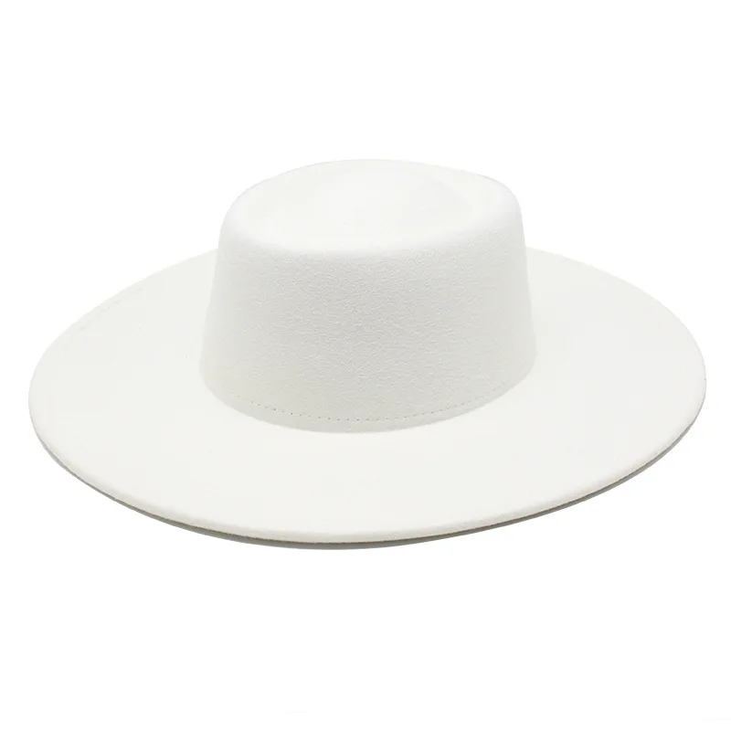 Low moq wholesale women men wide brim felt custom logo flat top fedora hats
