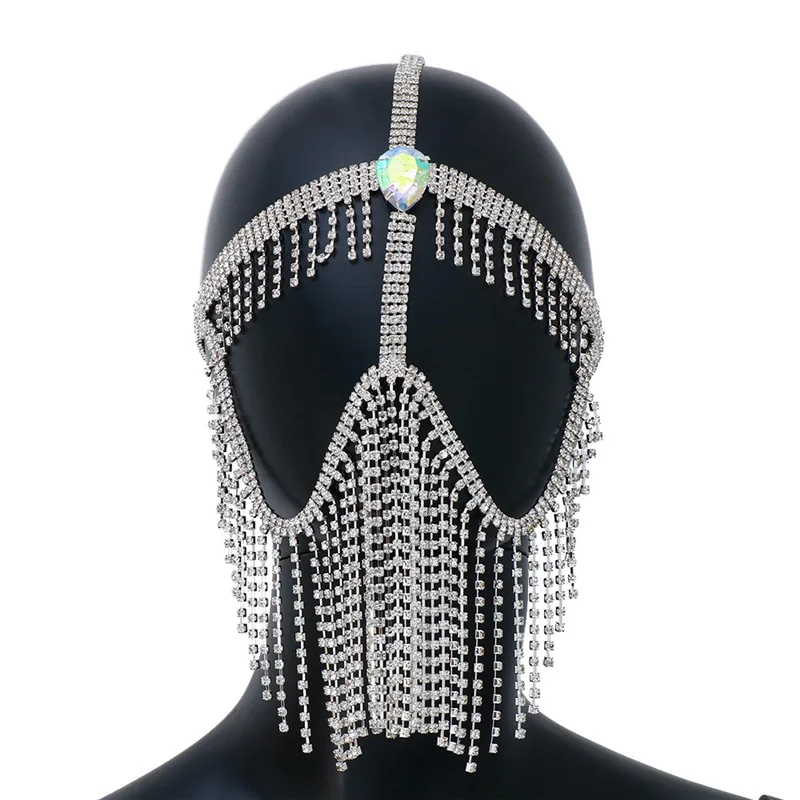 Masquerade Belly Dance Crystal Tassel Face Masking Hair Accessories Headdress Halloween Party Rhinestone Piece For Girls