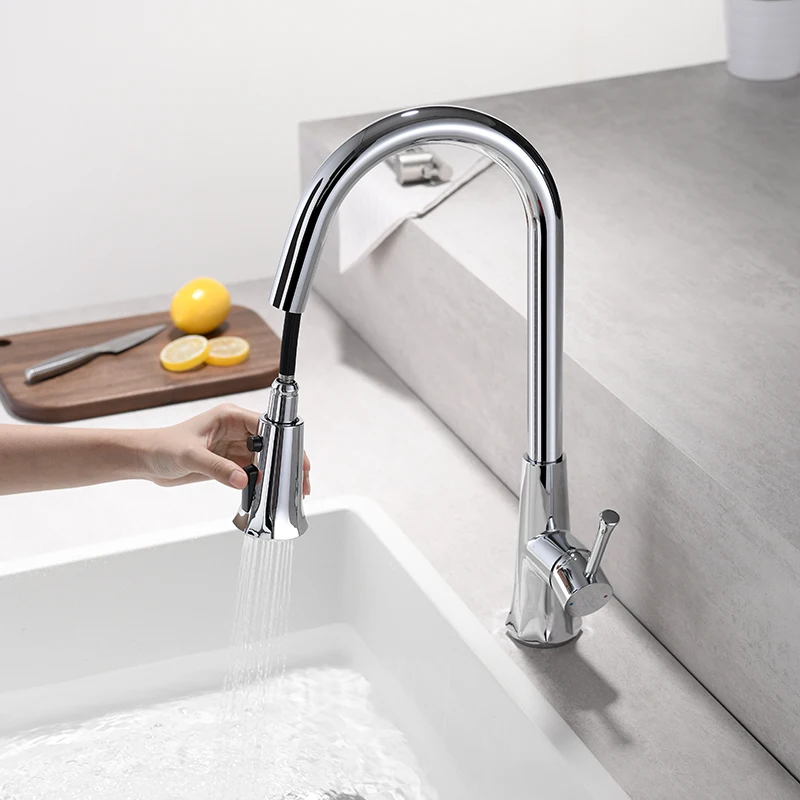 Popular new design 360 degree rotate brass kitchen faucet single handle pull out brass torneira cozinha chrome sink taps