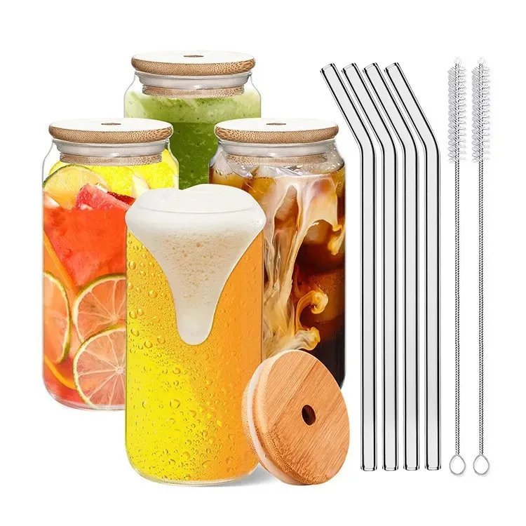 16 oz Blanks Soda Frosted Cups Tumbler Beer Sublimation Glass Can with Bamboo Lid and Straw
