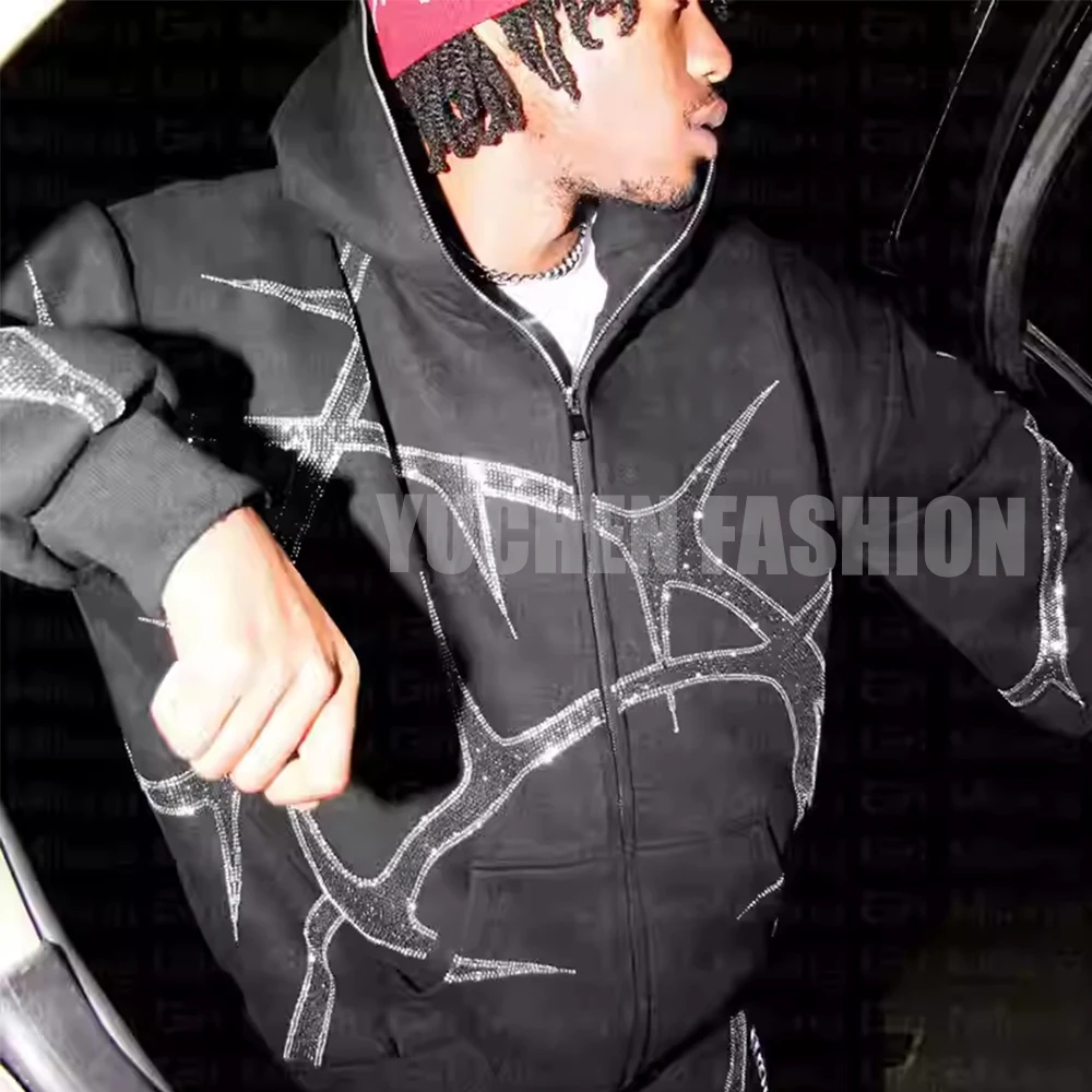 100% Cotton Streetwear Heavy Weight Men Zip Up Rhinestone Hoodie Manufacturer Custom Logo Print Rhinestone Full Zip Up Hoodie