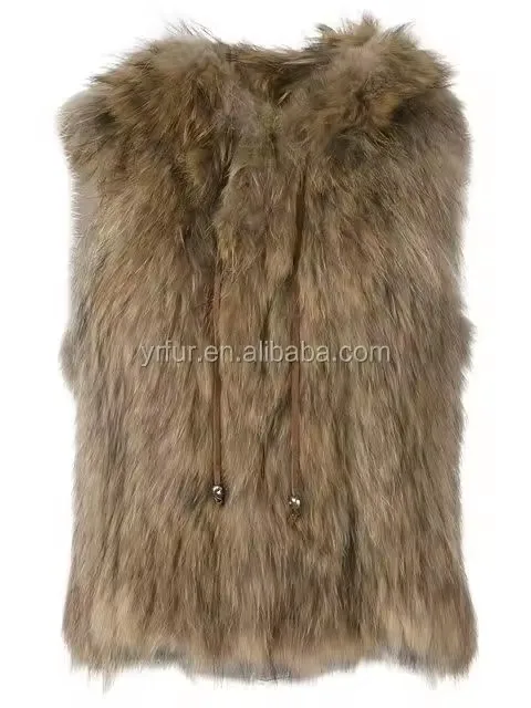 YR978 Good Quality Women Basic Style Raccoon Fur Hand knitted Hooded Vest