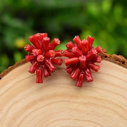 Handmade Natural Red Sea Bamboo Coral 925 Sterling Silver Stud Earrings For Women Wedding Party Luxury Jewellery