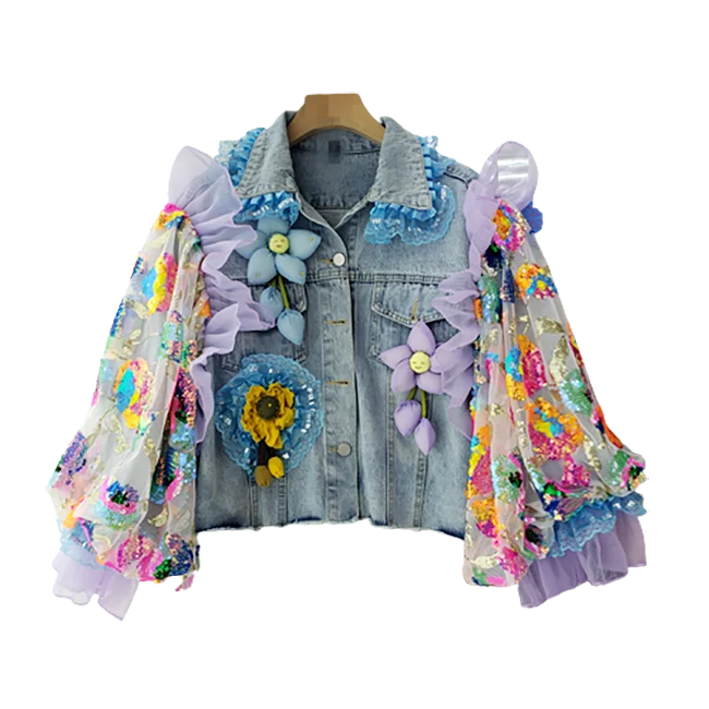 Autumn Punk Style Short Denim Jacket Fashion Lace Pleated Splicing Denim Coat Long Sleeve Crop Jackets