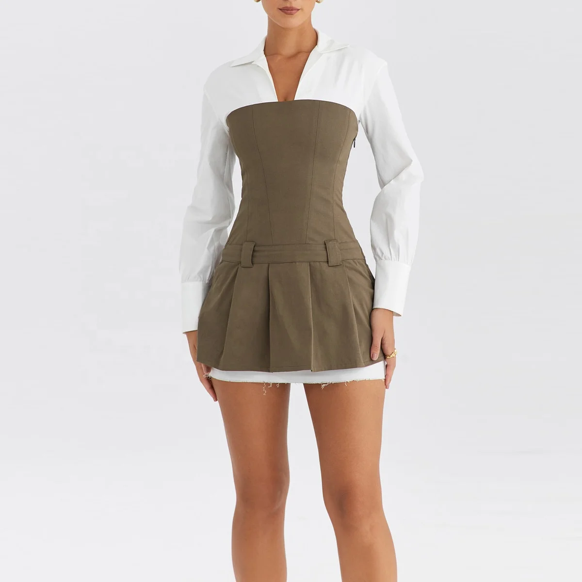 Custom White Plain Long Sleeve Pleated Mini Sexy Lady Shirt Dress For Women