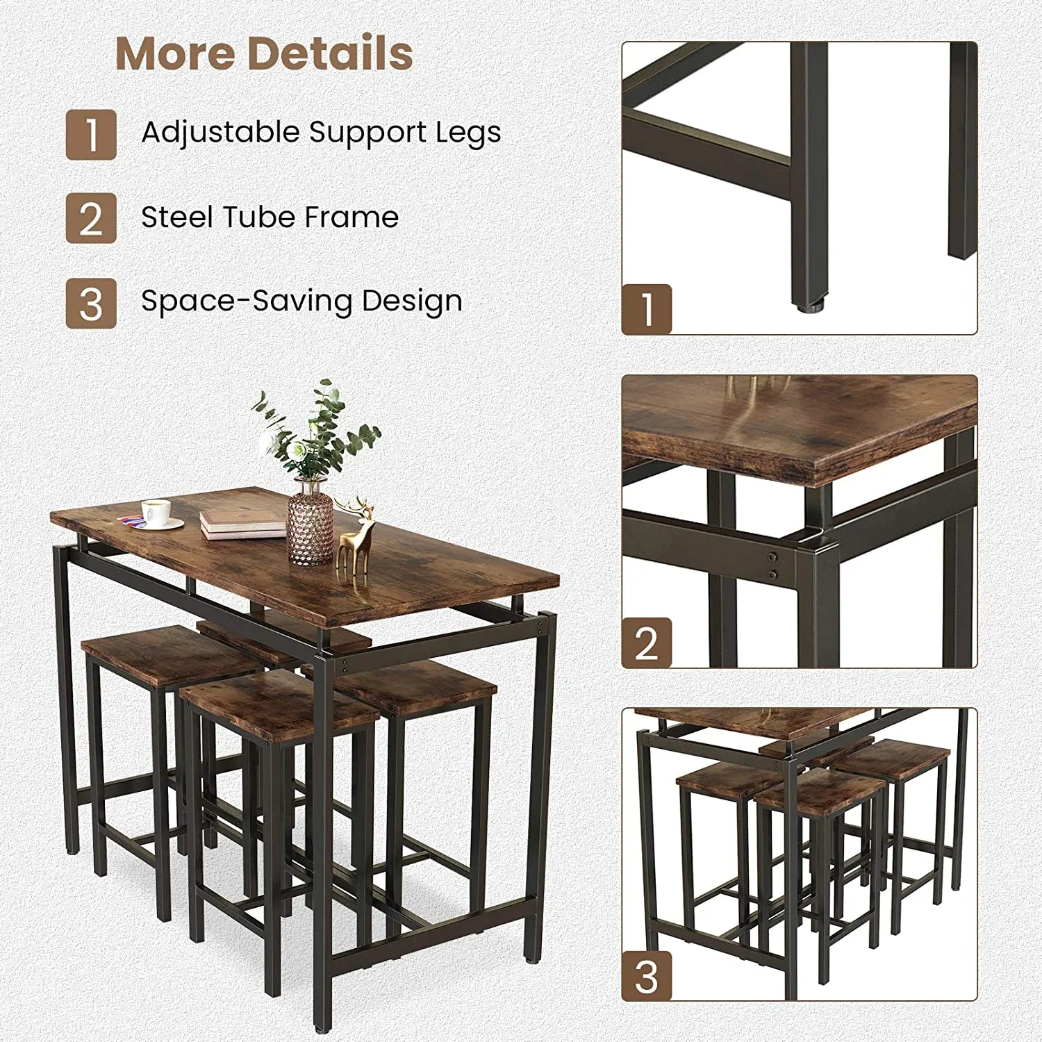 Modern Kitchen Table and Chairs for 4, Wood Pub Bar Table Set Perfect for Breakfast Nook Small Space Living Room