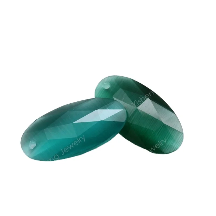 Factory Price Briolette Both Sides Machine Cut Synthetic Green Cats Eye Gemstone