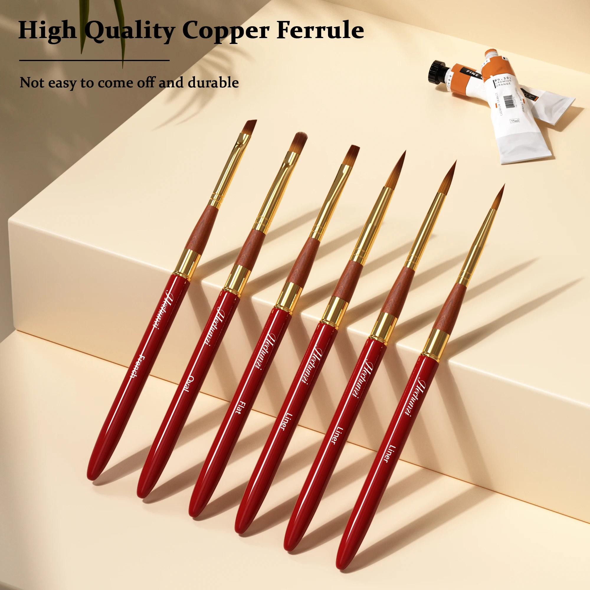 Hechunzi High Quality Red Gold Ferrule Watercolor Brush 6pcs Set Round Synthetic Travel Paint Artist Brushes