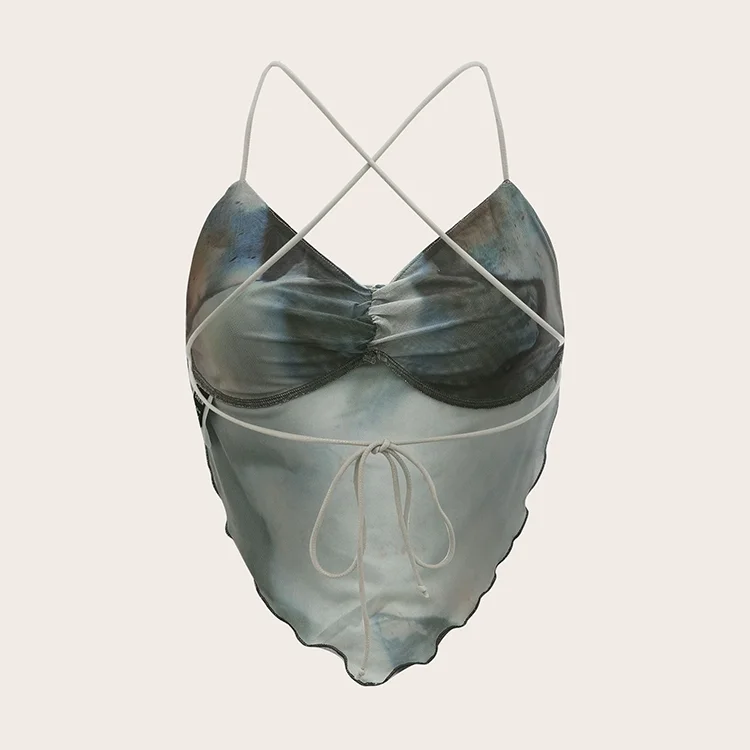 Custom Women Sexy Tie Dye Ruched Crisscross Backless Knot Hanky Hem Mesh Cami Top Cropped Corset Crop Tank Top