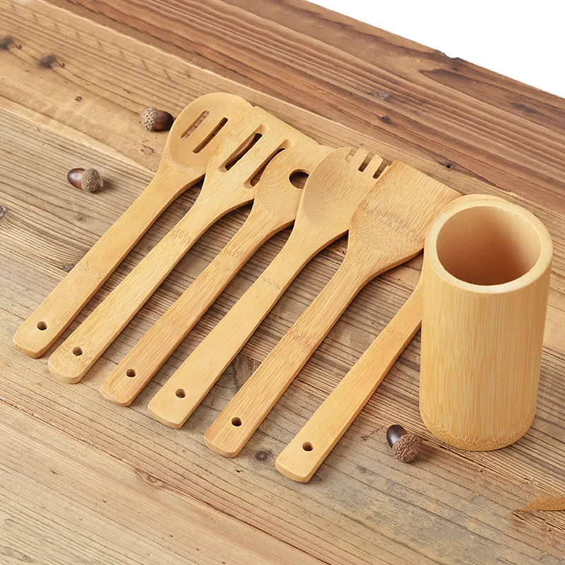 Bamboo kitchen tool set wholesale accessories utensils set with engrave logo and holder