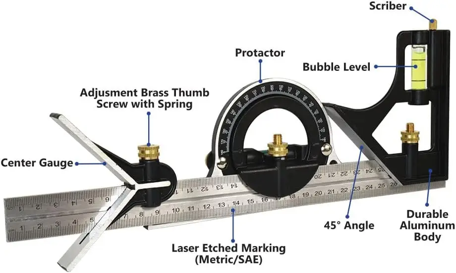 Combination Square Set with Protractor, Woodworking Square, Carpenter Square