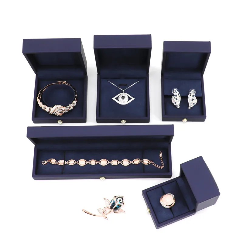 OEM ODM темно-синяя Упаковка из искусственной кожи на заказ подарочная коробка для ювелирных изделий набор украшений высококачественных колец