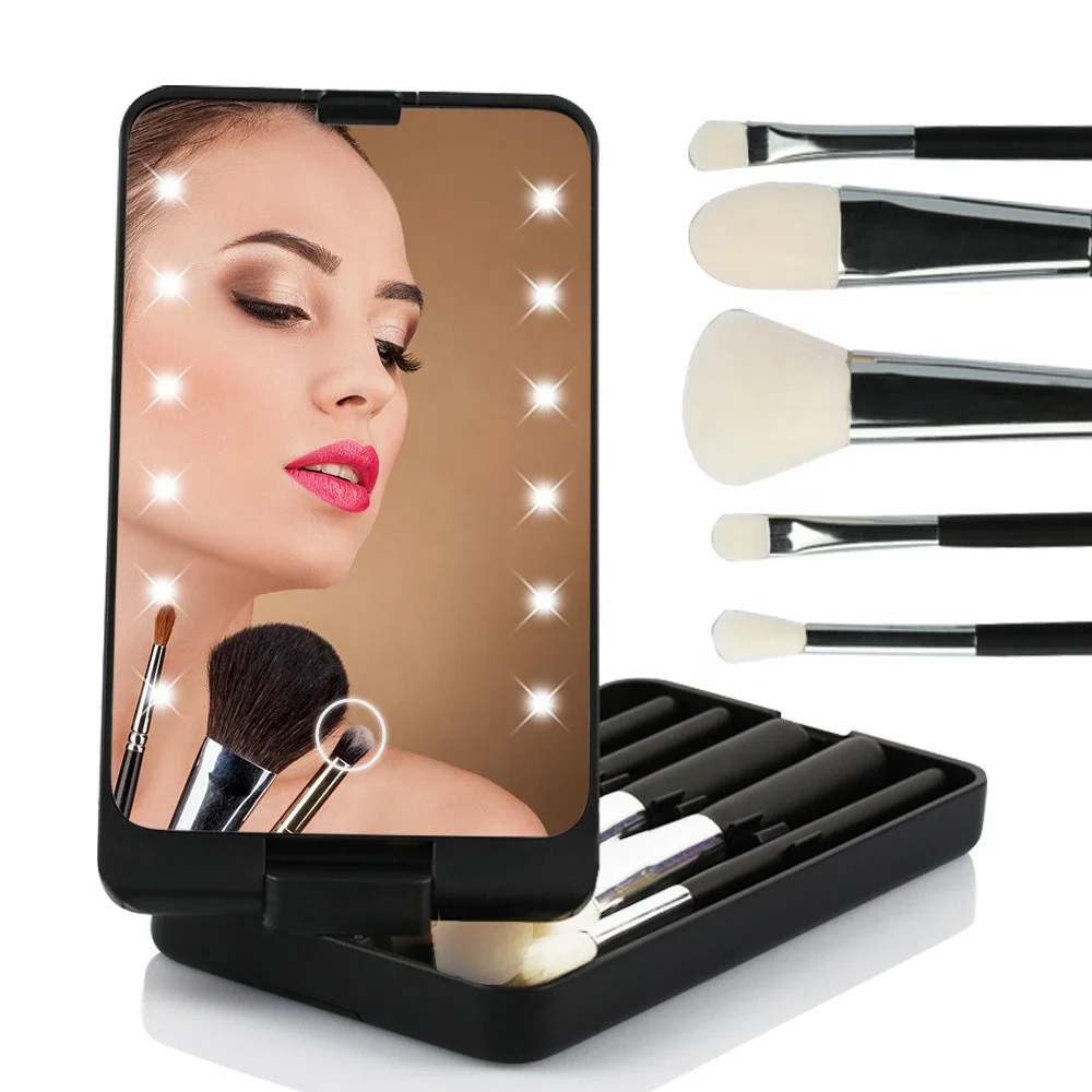 Folding LED Makeup Mirror Mini Compact Cosmetic Mirror Vanity Stand Mirror Small Rechargeable Rotate Foldable Makeup Brush Set