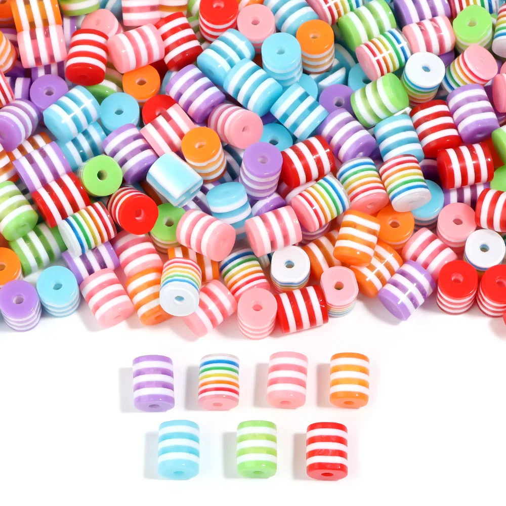SOJI wholesale  8*9mm 100pcs resin rainbow striped cylinder candy beads resin loose beads For Jewelry Making diy bracelet crafts
