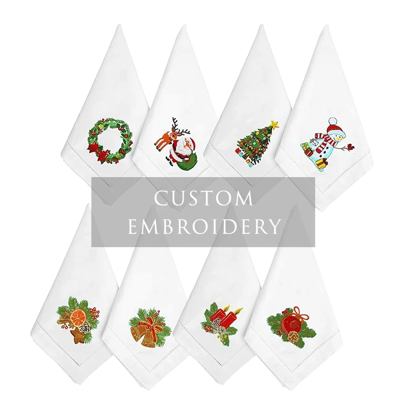 Wholesale Custom Embroidery Hemstitch Plain Table Napkin White Nature French Flax Wedding cotton Napkins for restaurant Wedding