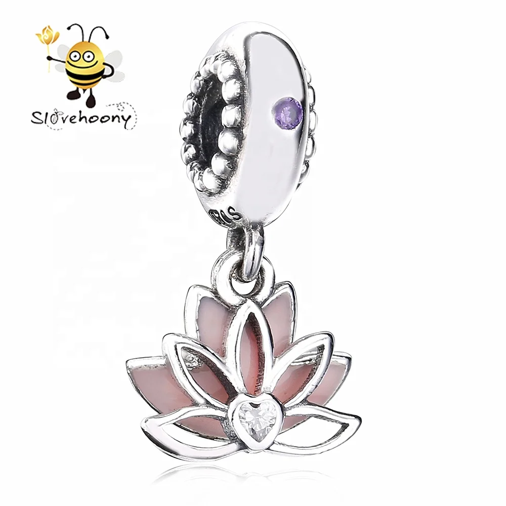 925 Sterling Silver Lucky Pink Lotus Flower Charms Beads For Famous Brand Bracelet Silver Charms flower heart necklace
