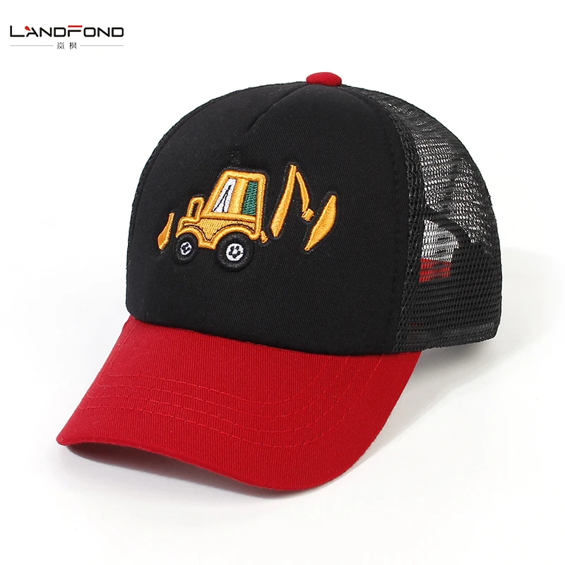 Landfond Outdoor Boys and Girls Trucker Hat Excavator Cartoon Embroidery Pattern Back Mesh Baseball Cap