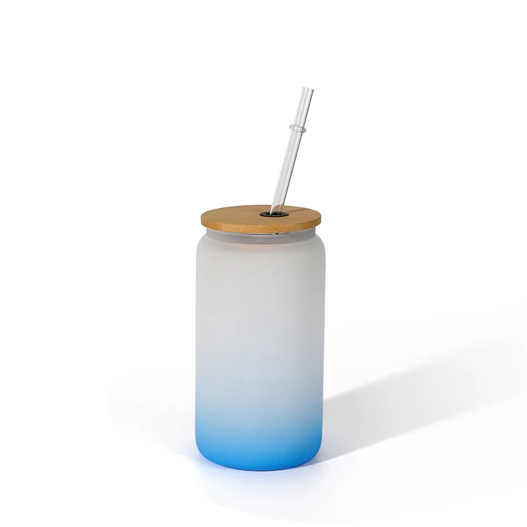 New Arrival 16oz Frosted Glass Gradient Color Bottom Soda Can Coke Can Mug With Bamboo Lid