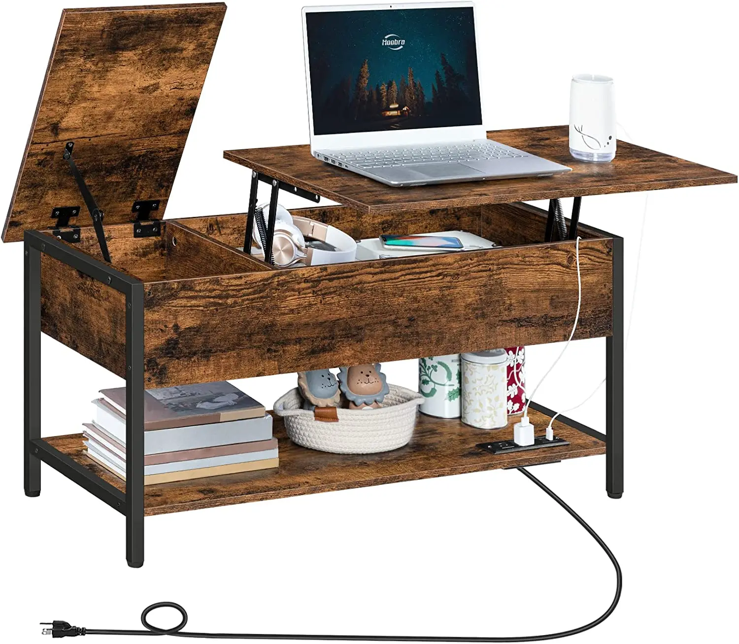 Деревенский коричневый винтажный скрытый набор отсеков для хранения современный подъемный журнальный столик с зарядной станцией для гостиной