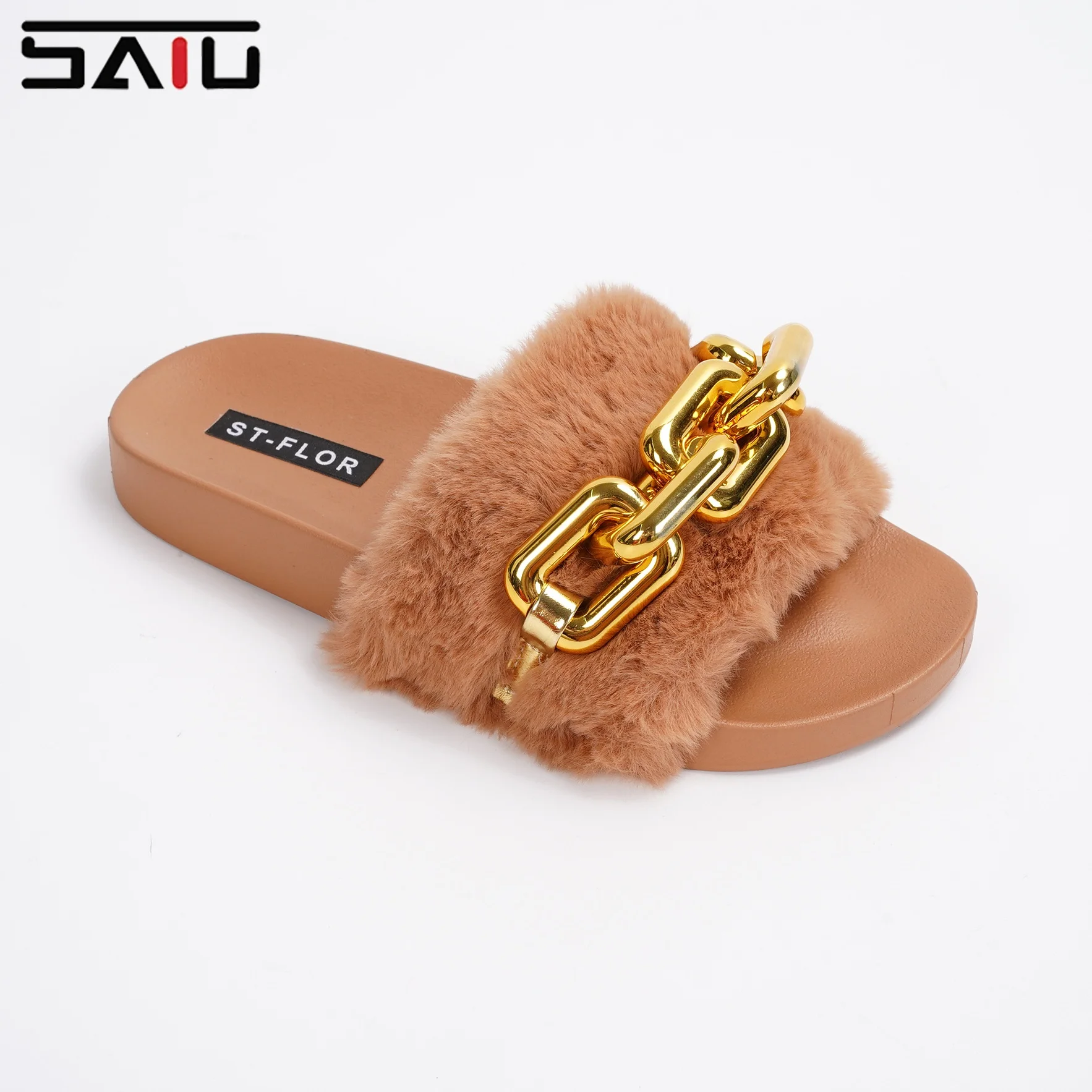 Wholesale Winter Faux Fur Slippers Fashion Metal Buckle Sandals Outdoor Casual Furry Shoes Slippers For Women