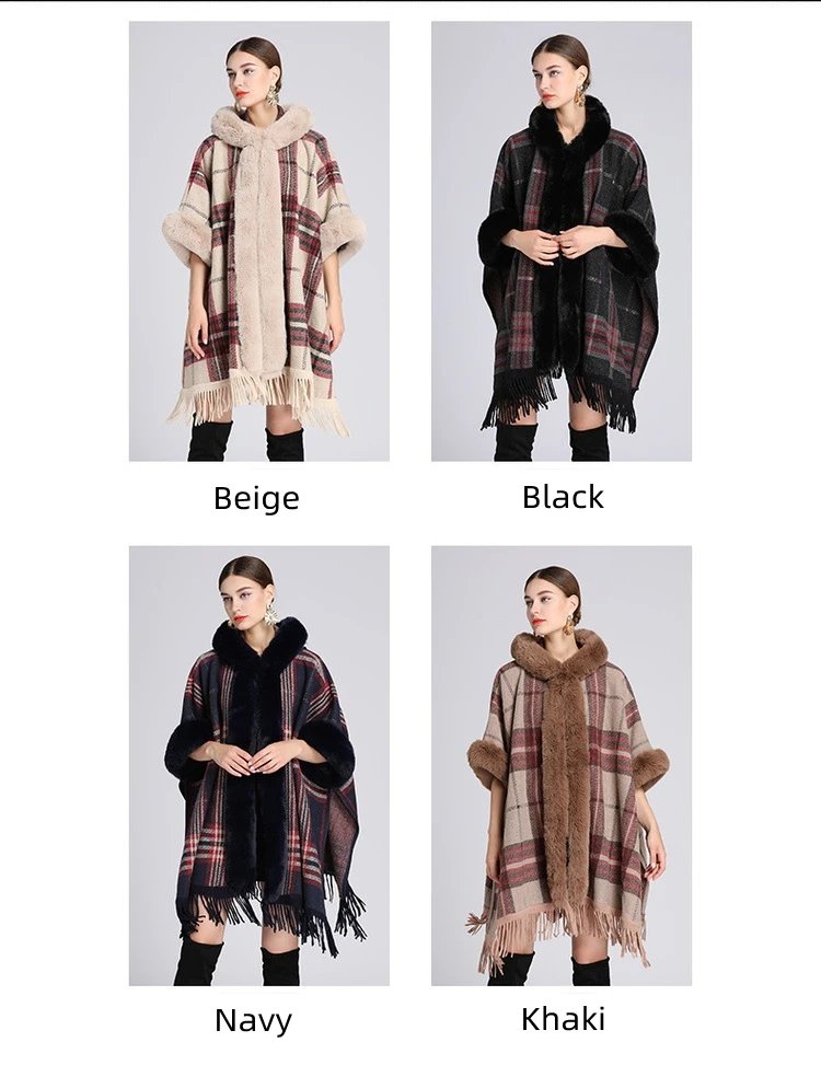 Fashion Winter Women Plaid Faux Fur Cape Cloak Rabbit Fur Hooded Poncho Cardigan