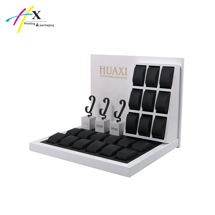 Multi-function white  Luxury Custom Logo Pillow Holder Wooden black PU Leather Watch Display Stand Window Display Set Watch Tray