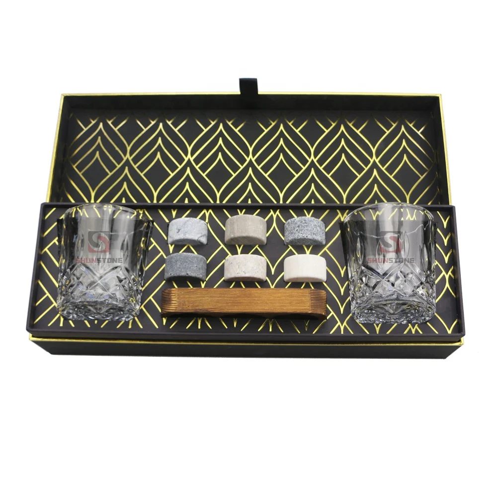 Best Selling round whiskey stone and Wine Whiskey Glass Cup tool in black luxury gift box