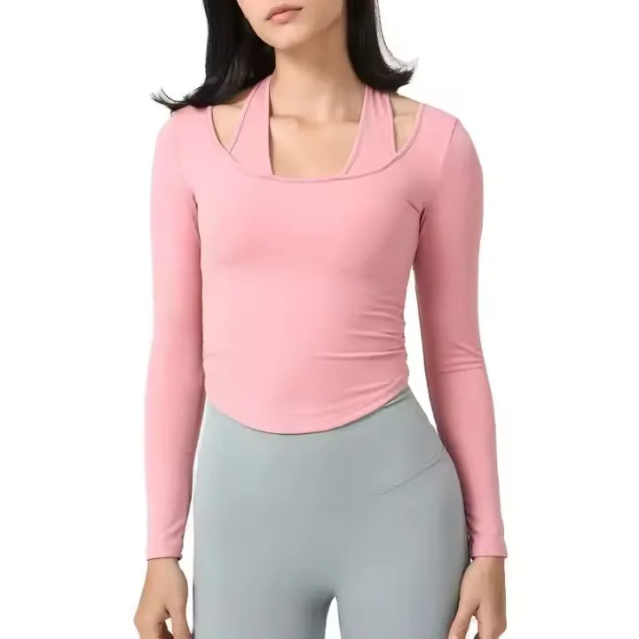The New Yoga Clothes with Chest Pad Female Running Sports Tight T -Shirt Long -Sleeved Hanging Neck Fitness Clothes Top
