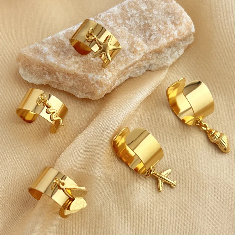 Charm Ring in 18K Gold-plated Stainless Steel Ring Feather Starfish Open Adjustable Ring