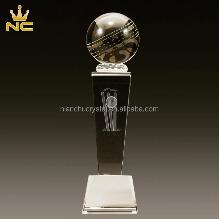 Cheap Pujiang Laser Engraving Cricket K9 Crystal Ball Trophy For Cricket Match