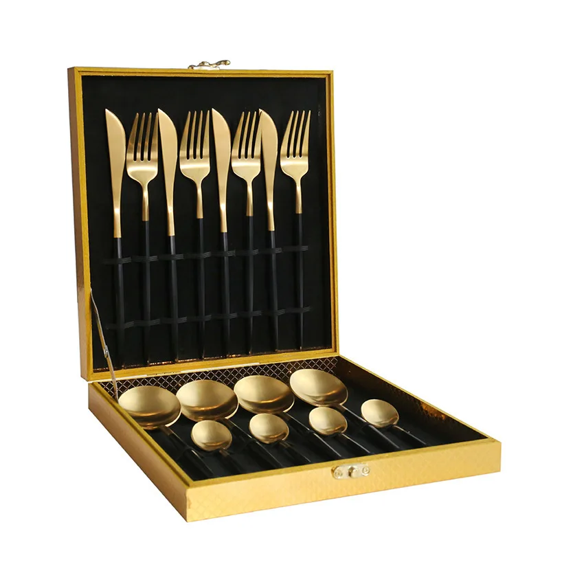 Luxury hotel cutlery set titanium pvd matte black and gold 16/24/36/48 pcs box cutlery flatware sets