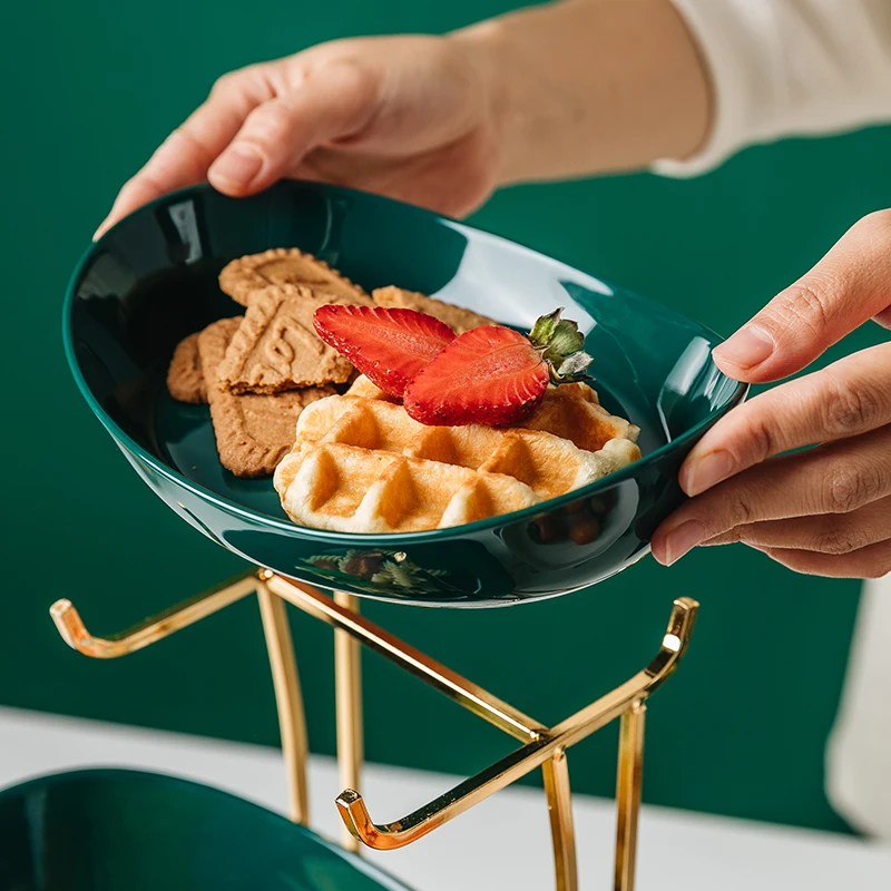 
Jade-cer European style luxury multi-layer fruit tray ceramic metal cake plate wedding hotel dessert plate display stand 