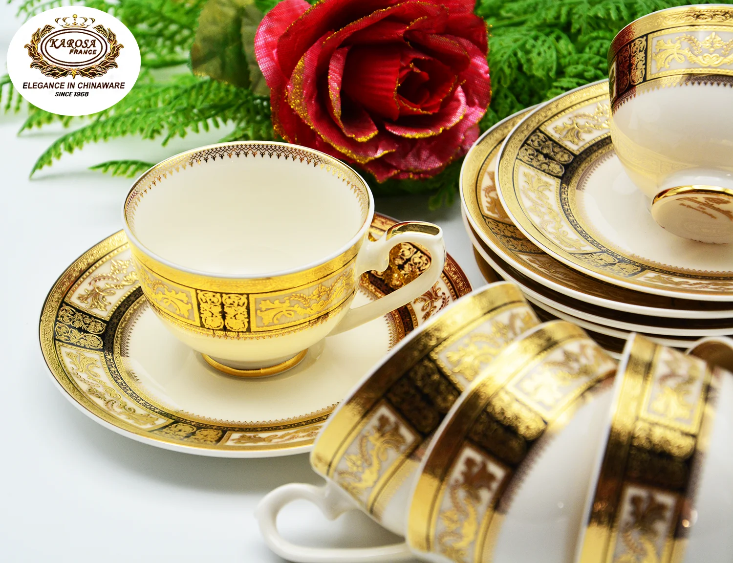 New popular 12pcs classical 200cc 6 cups  with 6 saucers wonderful tea coffee set gold rim pattern dishwasher safe