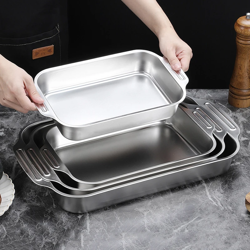 Stainless Steel Baking Frying Pan Deep Food Storage Tray Kitchen Deep Container Tray Cooking Plate Baking Dishes & Roasting Pans