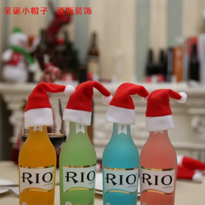 Christmas Wine Bottle Covers Fabric Cover with Red Hat for Christmas Party Mini Santa Hat Wine Bottle Covers Hat Home Decoration